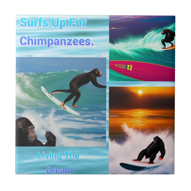 Chimpanzees Surfing Photo Collage, Ceramic Tile (Front)