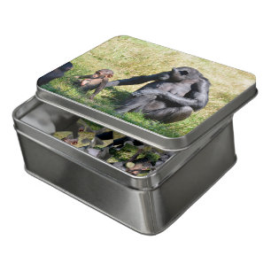 Chimpanzees with her baby sitting on grass jigsaw puzzle