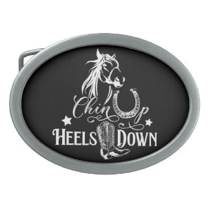 Chin up heels down cowgirl horse lover riding belt buckle