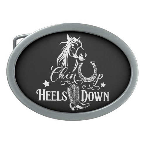 Chin up heels down cowgirl horse lover riding belt buckle