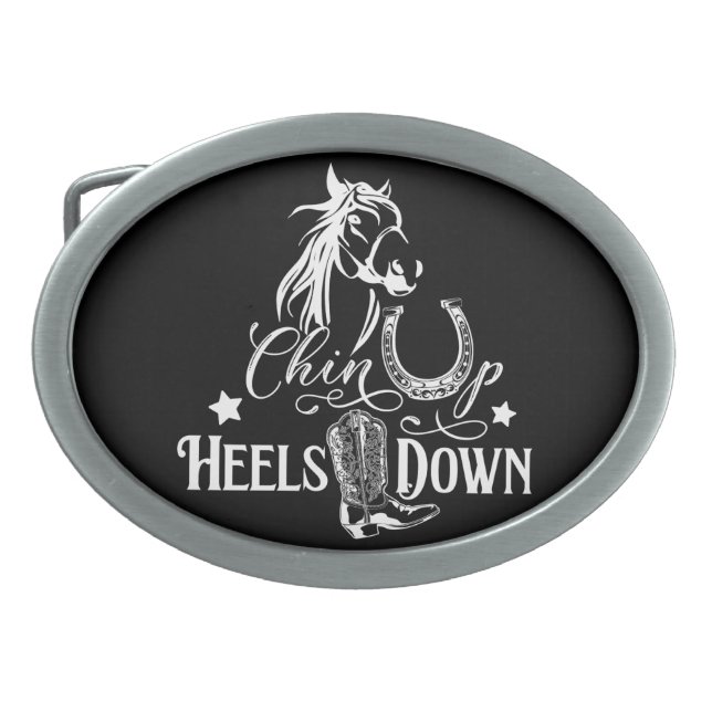 Chin up heels down cowgirl horse lover riding belt buckle (Front)