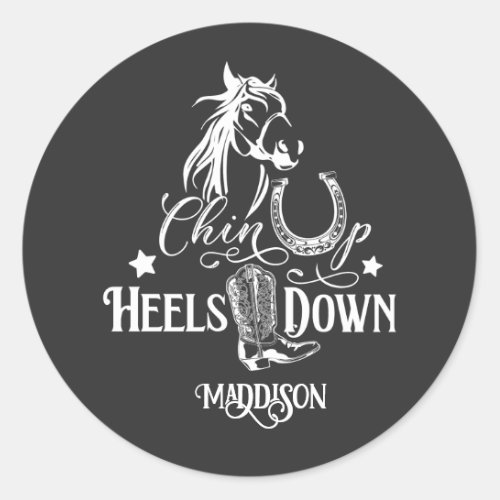 Chin up heels down cowgirl horse lover riding classic round sticker