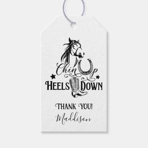 Chin up heels down cowgirl horse lover riding gift tags