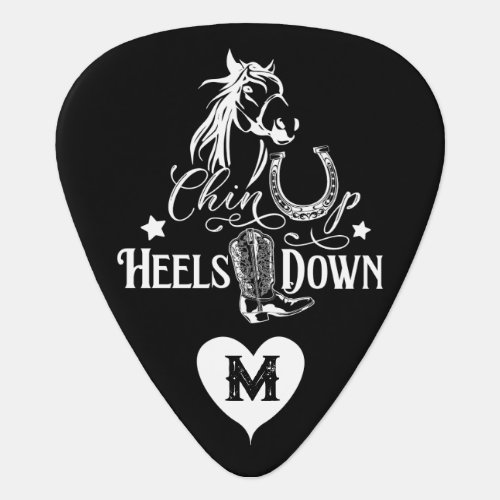 Chin up heels down cowgirl horse lover riding guitar pick