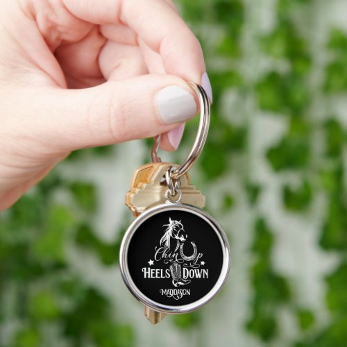 Chin up heels down cowgirl horse lover riding keychain