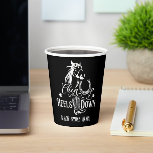 Chin up heels down cowgirl horse lover riding paper cups