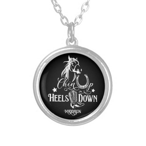 Chin up heels down cowgirl horse lover riding silver plated necklace