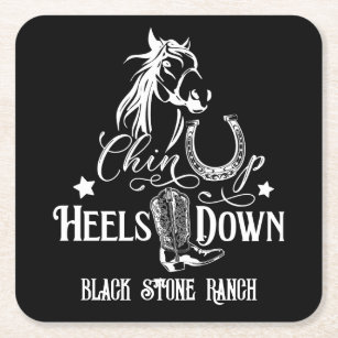 Chin up heels down cowgirl horse lover riding square paper coaster