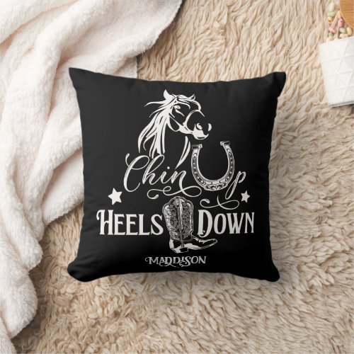 Chin up heels down cowgirl horse lover riding throw pillow
