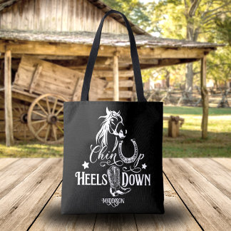 Chin up heels down cowgirl horse lover riding tote bag