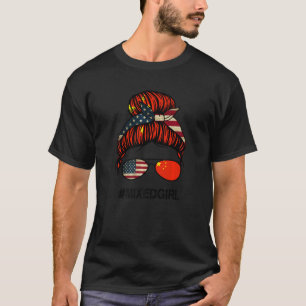China American Flag  USA Chinese Messy Bun T-Shirt