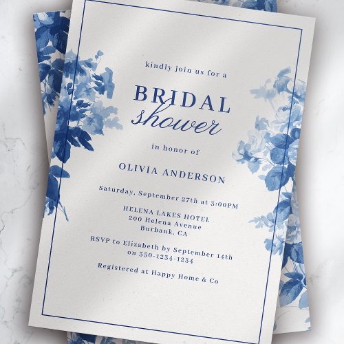 China Blue Watercolor Floral Bridal Shower Invitation