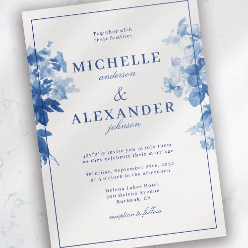 China Blue Watercolor Floral Wedding Invitation