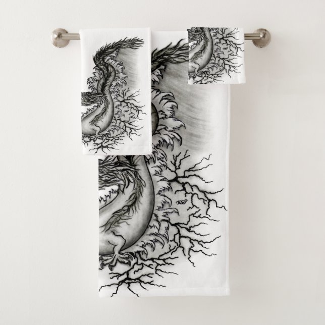 China Dragon, Black and white Design in Tattoostyl Bath Towel Set (Insitu)