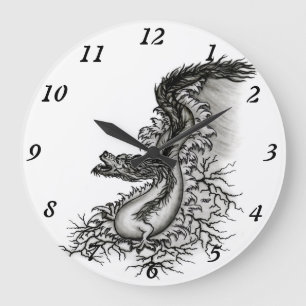 China Dragon, Black and white Design in Tattoostyl Large Clock