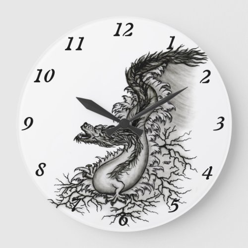 China Dragon Black and white Design in Tattoostyl Large Clock