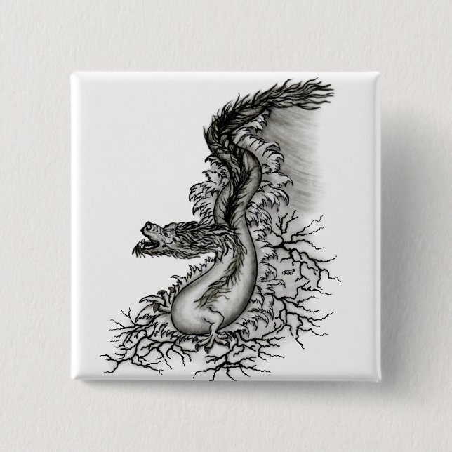 China Dragon, Black and white Design in Tattoostyl Pinback Button (Front)