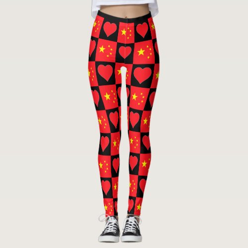 China Flag Heart Pattern Cute Patriotic Chinese Leggings