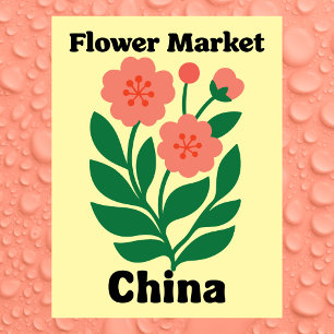 China Flower Market Coral Peony and Green Leaf Postcard
