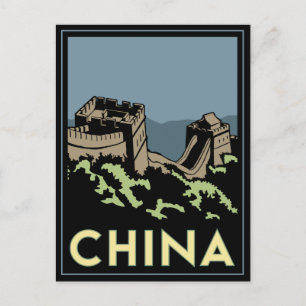 china great wall asia art deco retro travel postcard
