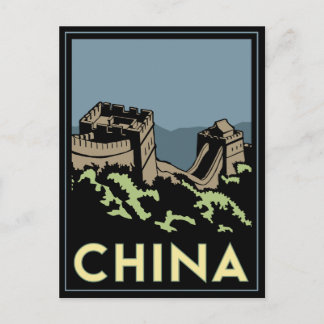 china great wall asia art deco retro travel postcard
