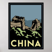 china great wall asia art deco retro travel poster