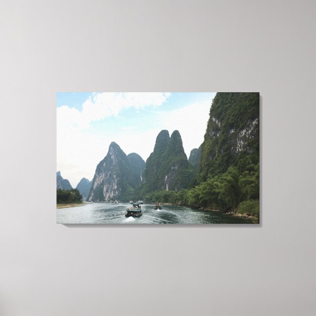 China, Guilin, Li River, River boats line the Canvas Print (Front)