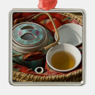China, Hong Kong. Traditional Chinese teapot & 3 Metal Ornament