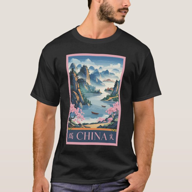 China Illustration Pink Travel Art Vintage T-Shirt (Front)
