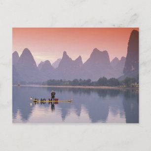 China, Li River. Single cormorant fisherman. Postcard