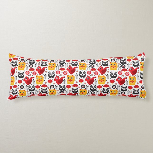 China lucky cat, dragon, and panda body pillow (Front)