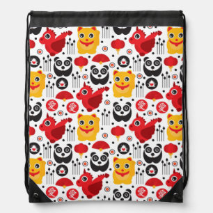 China lucky cat, dragon, and panda drawstring bag