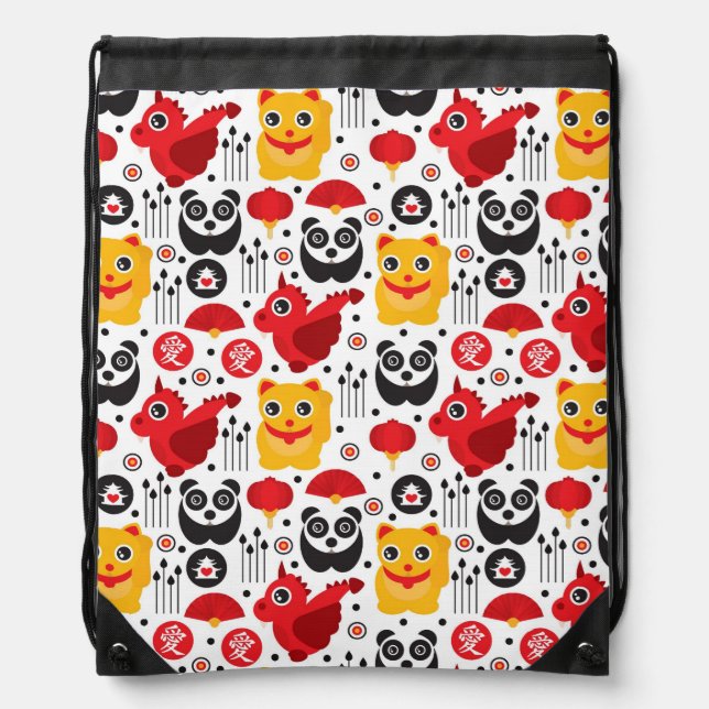 China lucky cat, dragon, and panda drawstring bag (Front)