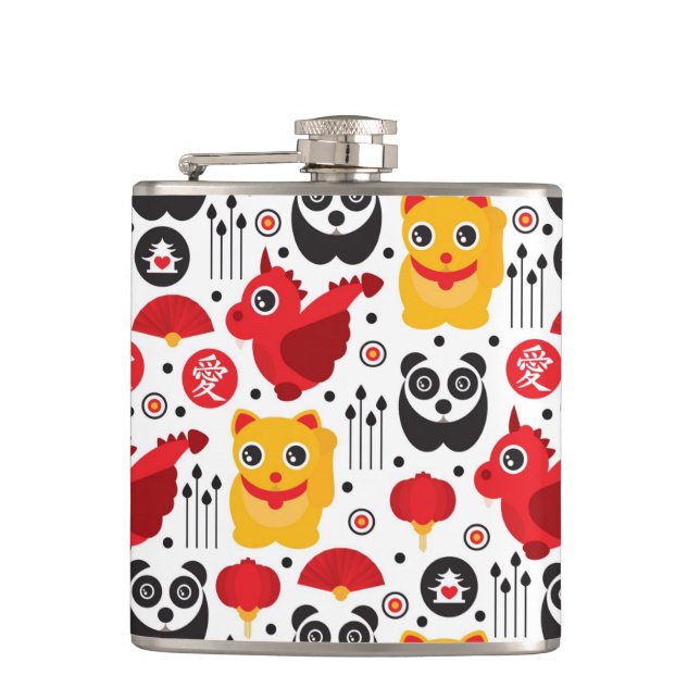 China lucky cat, dragon, and panda flask (Front)