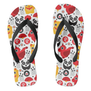 China lucky cat, dragon, and panda flip flops