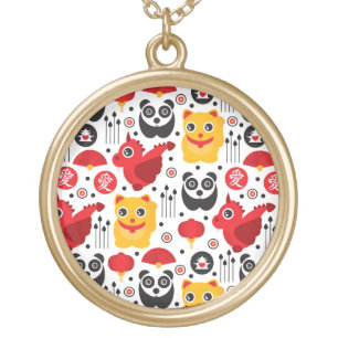 China lucky cat, dragon, and panda gold plated necklace