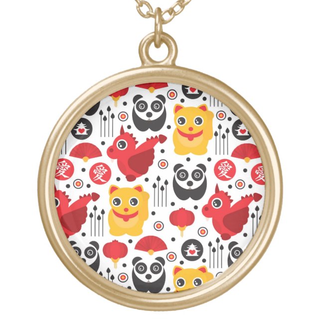 China lucky cat, dragon, and panda gold plated necklace (Front)