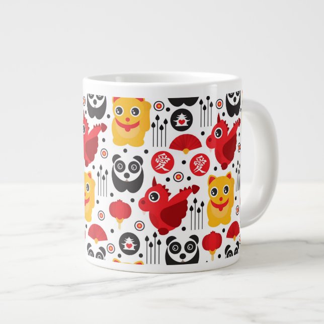 China lucky cat, dragon, and panda large coffee mug (Front Right)