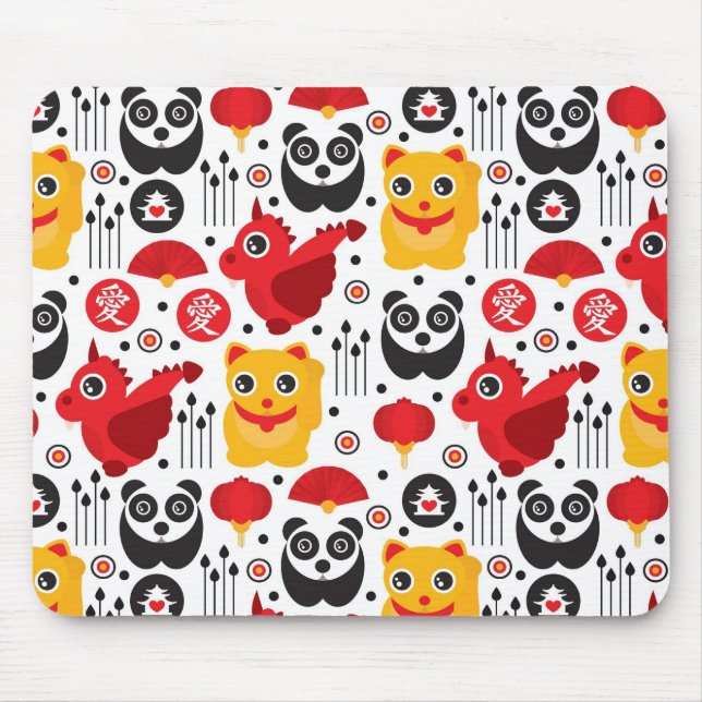 China lucky cat, dragon, and panda mouse pad (Front)