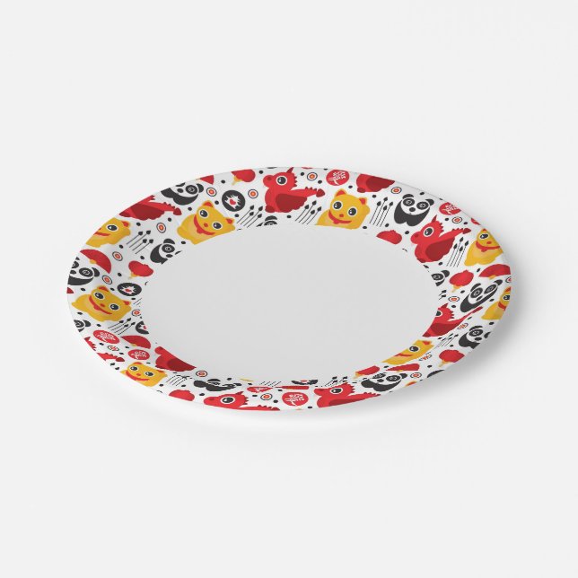 China lucky cat, dragon, and panda paper plates (Angled)