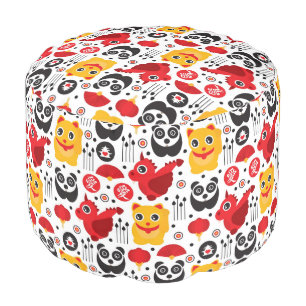 China lucky cat, dragon, and panda pouf