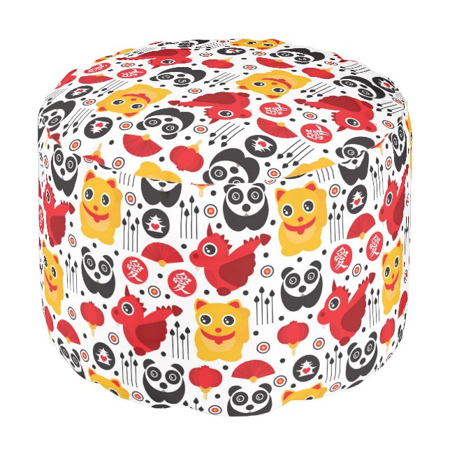 China lucky cat, dragon, and panda pouf (Angled Front)