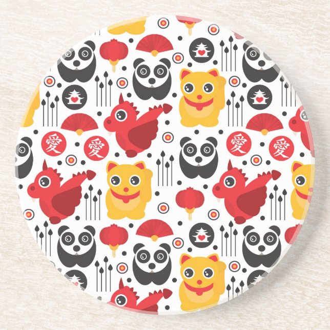 China lucky cat, dragon, and panda sandstone coaster (Front)
