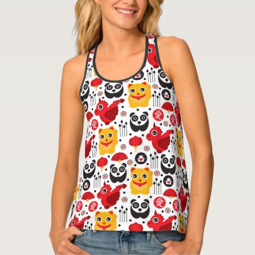 China lucky cat dragon and panda tank top