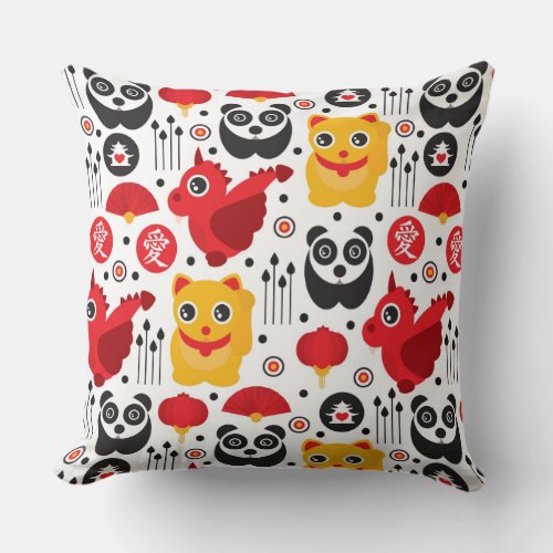 China lucky cat dragon and panda throw pillow