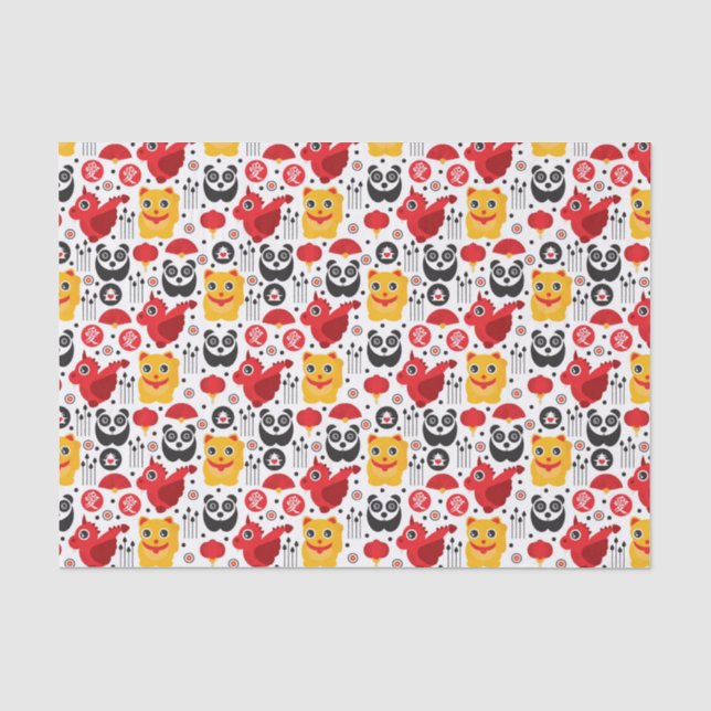 China lucky cat, dragon, and panda tissue paper (Front)