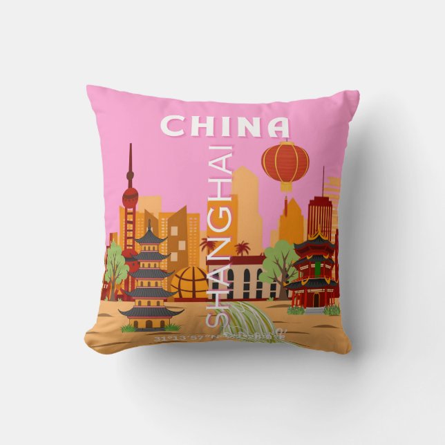 China Shanghai Travel Art Throw Pillow (Front)