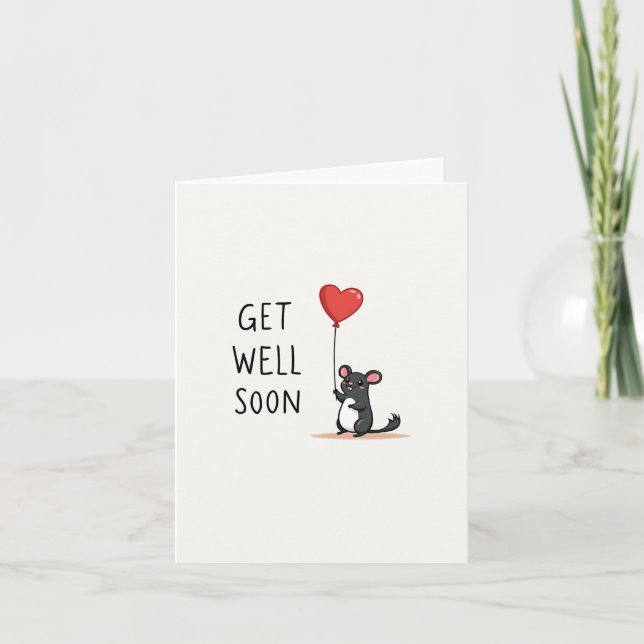 Chinchilla Get Well Soon Card with Heart Balloon (Front)