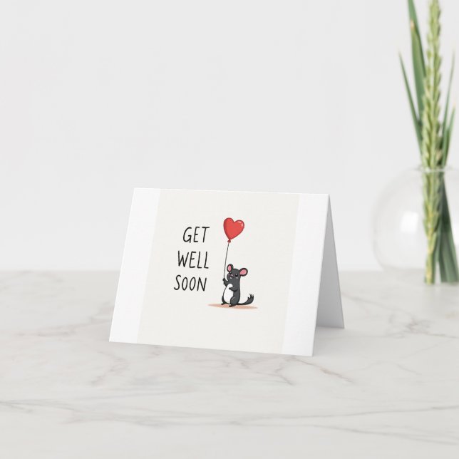 Chinchilla Get Well Soon Card with Heart Balloon (Front)