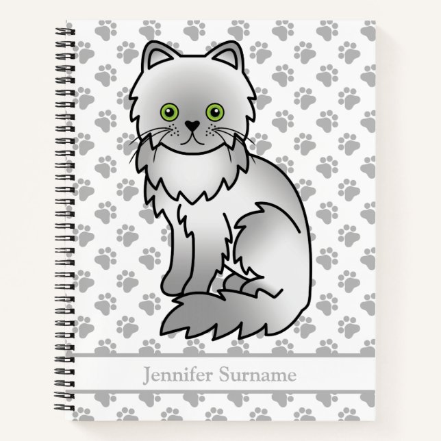 Chinchilla Gray Persian Cartoon Cat & Custom Text Notebook (Front)